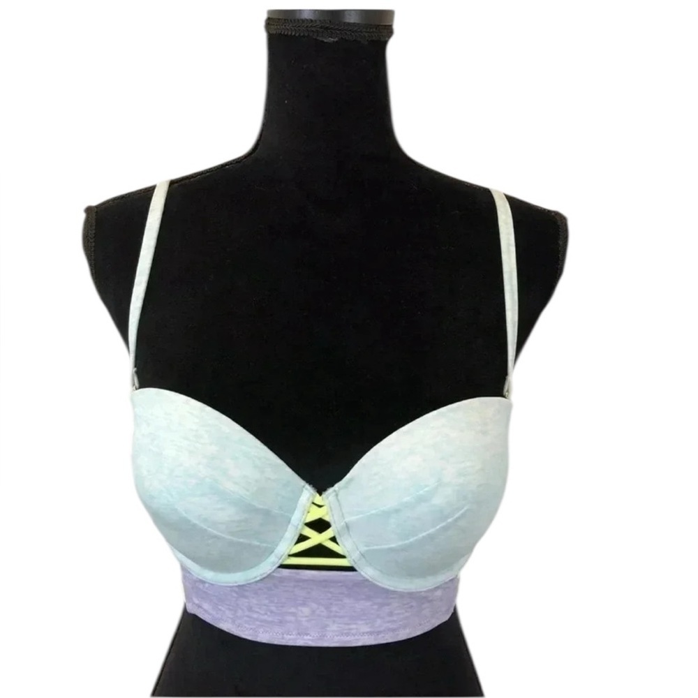 Victoria's Secret Bikini Top Women 34D Blue Neon Colorblock Multi Push Up